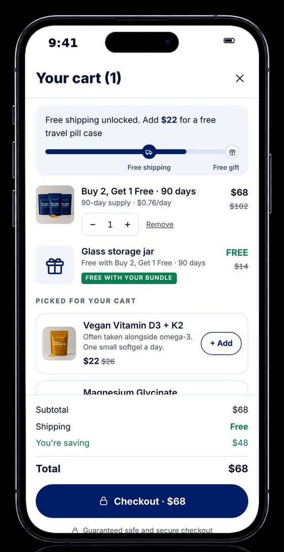 Slide-out cart with free-shipping progress bar and free gift