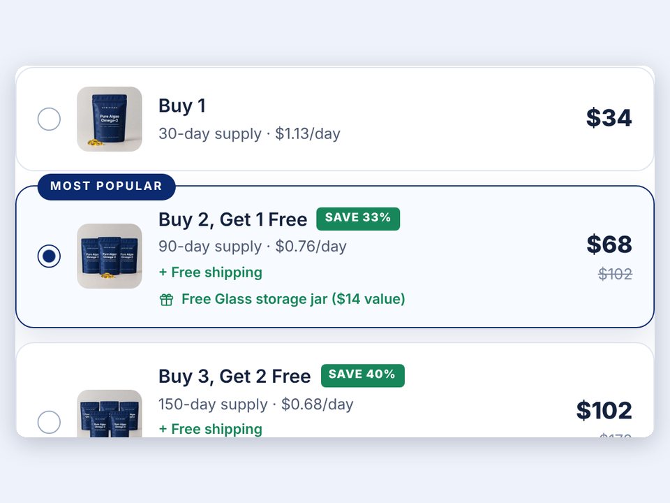 Four bundle tiers with savings badges and the most popular option selected
