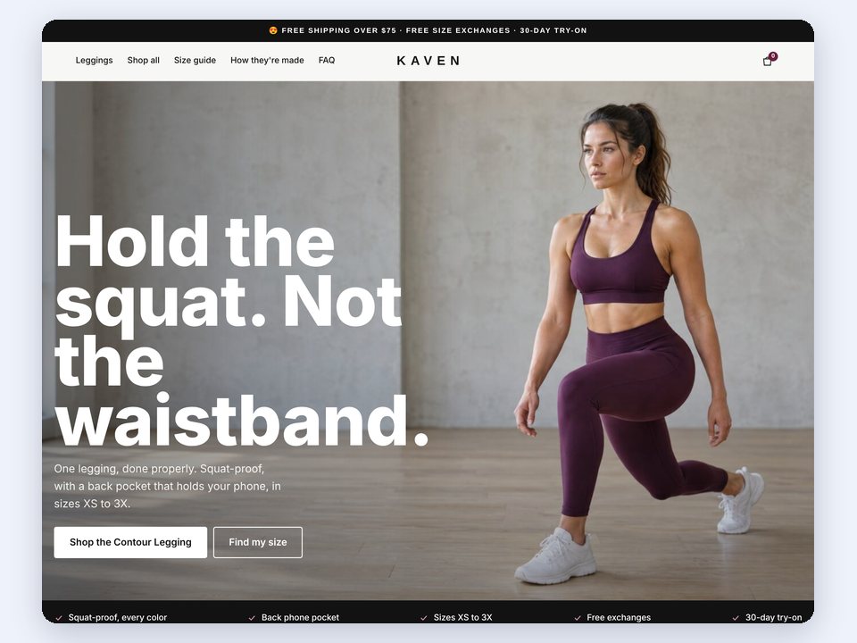 A clothing store homepage with a full-width campaign photo, big headline and shop buttons