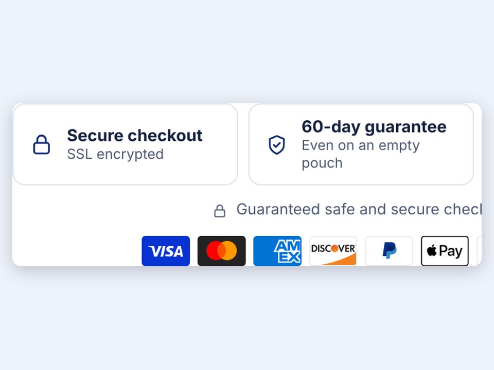 Trust badges for secure checkout, a guarantee and testing, above payment logos